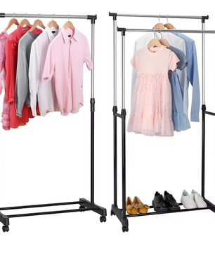 Verstelbaar Kledingrek met Wielen – Dubbele Stang en Onderplank, 75x42x150 cm