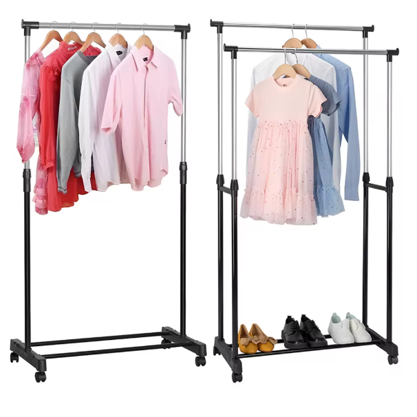 Verstelbaar Kledingrek met Wielen – Dubbele Stang en Onderplank, 75x42x150 cm