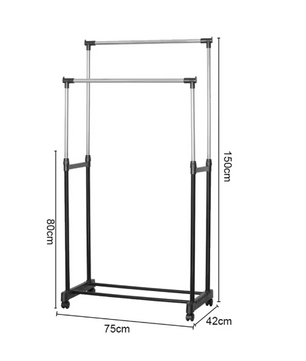 Verstelbaar Kledingrek met Wielen – Dubbele Stang en Onderplank, 75x42x150 cm