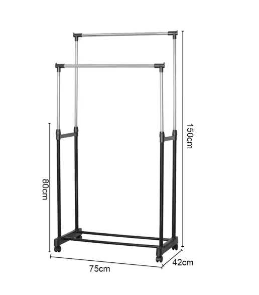 Verstelbaar Kledingrek met Wielen – Dubbele Stang en Onderplank, 75x42x150 cm