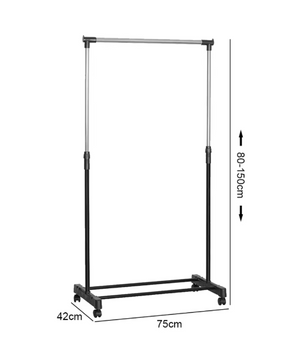 Verstelbaar Kledingrek met Wielen – Dubbele Stang en Onderplank, 75x42x150 cm