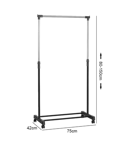 Verstelbaar Kledingrek met Wielen – Dubbele Stang en Onderplank, 75x42x150 cm