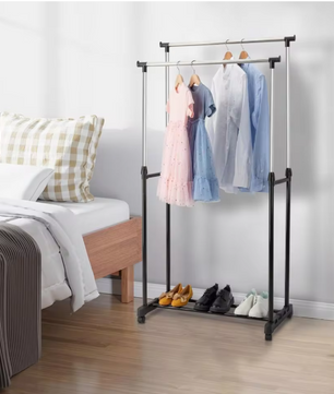 Verstelbaar Kledingrek met Wielen – Dubbele Stang en Onderplank, 75x42x150 cm
