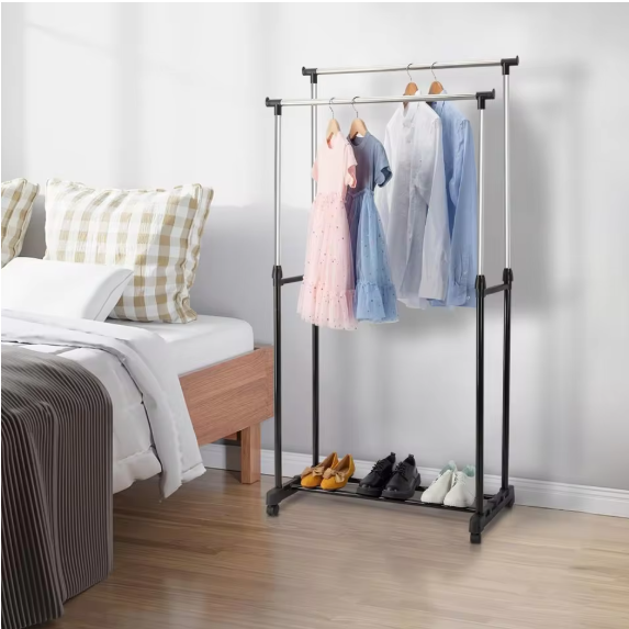 Verstelbaar Kledingrek met Wielen – Dubbele Stang en Onderplank, 75x42x150 cm