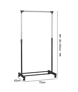 Verstelbaar Kledingrek met Wielen – Dubbele Stang en Onderplank, 75x42x150 cm