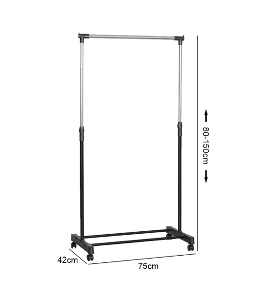 Verstelbaar Kledingrek met Wielen – Dubbele Stang en Onderplank, 75x42x150 cm
