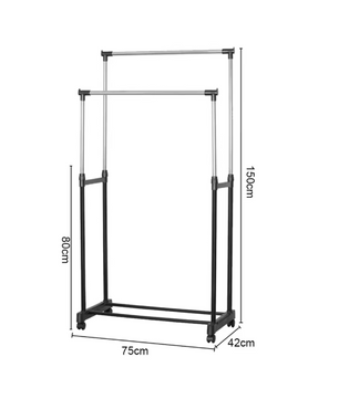 Verstelbaar Kledingrek met Wielen – Dubbele Stang en Onderplank, 75x42x150 cm