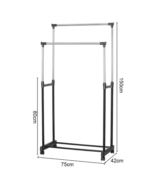Verstelbaar Kledingrek met Wielen – Dubbele Stang en Onderplank, 75x42x150 cm