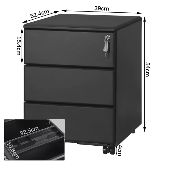 Metalen Mobiele Kantoorkast – 3 Laden, Afsluitbaar &amp; Voorgemonteerd, met Wielen