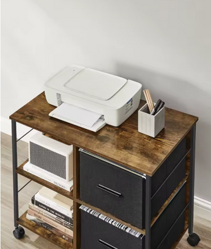 Industriële Archiefkast met 2 Stoffen Laden en Open Planken – Houten en Metalen Kantoorkast, Compact en Functioneel