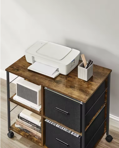 Industriële Archiefkast met 2 Stoffen Laden en Open Planken – Houten en Metalen Kantoorkast, Compact en Functioneel