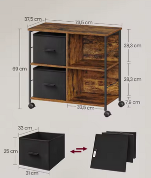 Industriële Archiefkast met 2 Stoffen Laden en Open Planken – Houten en Metalen Kantoorkast, Compact en Functioneel