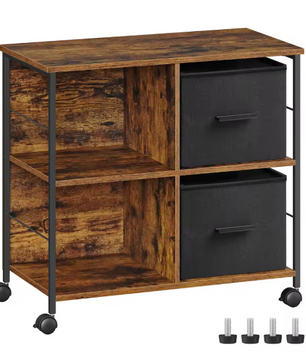 Industriële Archiefkast met 2 Stoffen Laden en Open Planken – Houten en Metalen Kantoorkast, Compact en Functioneel