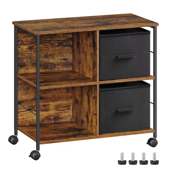 Industriële Archiefkast met 2 Stoffen Laden en Open Planken – Houten en Metalen Kantoorkast, Compact en Functioneel