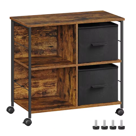 Industriële Archiefkast met 2 Stoffen Laden en Open Planken – Houten en Metalen Kantoorkast, Compact en Functioneel