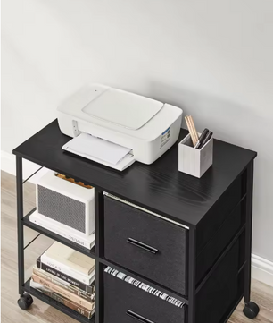 Industriële Archiefkast met 2 Stoffen Laden en Open Planken – Houten en Metalen Kantoorkast, Compact en Functioneel