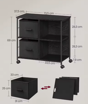 Industriële Archiefkast met 2 Stoffen Laden en Open Planken – Houten en Metalen Kantoorkast, Compact en Functioneel