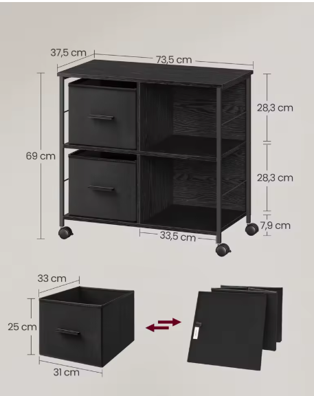 Industriële Archiefkast met 2 Stoffen Laden en Open Planken – Houten en Metalen Kantoorkast, Compact en Functioneel