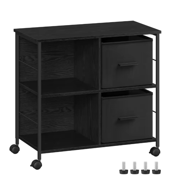 Industriële Archiefkast met 2 Stoffen Laden en Open Planken – Houten en Metalen Kantoorkast, Compact en Functioneel