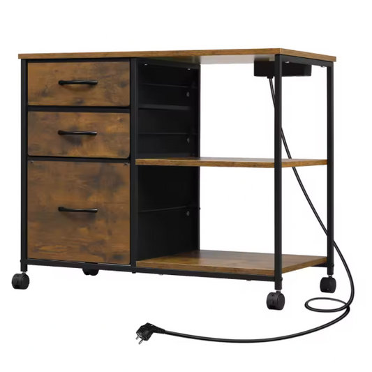 Mobiele Archiefkast met 3 Stoffen Laden en Oplaadstation – Printertafel met Wielen, Houten en Metalen Kantoorkast