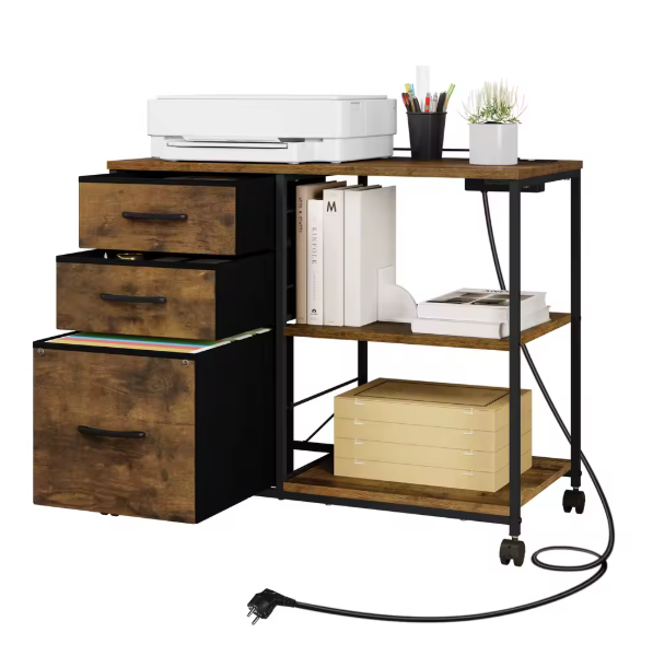 Mobiele Archiefkast met 3 Stoffen Laden en Oplaadstation – Printertafel met Wielen, Houten en Metalen Kantoorkast