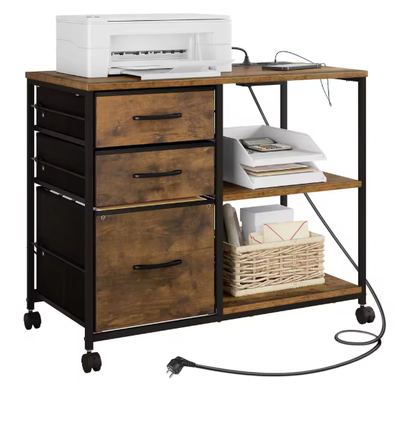 Mobiele Archiefkast met 3 Stoffen Laden en Oplaadstation – Printertafel met Wielen, Houten en Metalen Kantoorkast