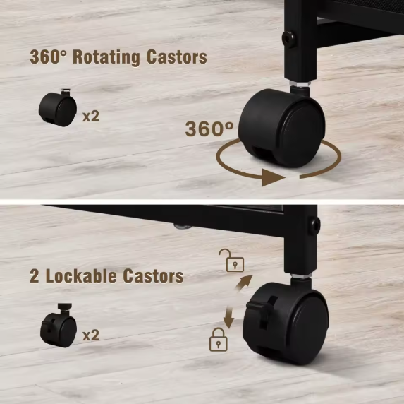 Mobiele Archiefkast met 3 Stoffen Laden en Oplaadstation – Printertafel met Wielen, Houten en Metalen Kantoorkast