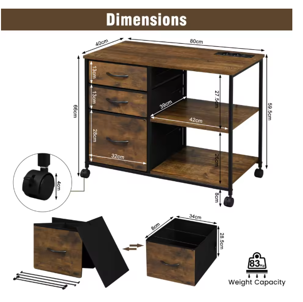 Mobiele Archiefkast met 3 Stoffen Laden en Oplaadstation – Printertafel met Wielen, Houten en Metalen Kantoorkast