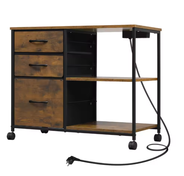 Mobiele Archiefkast met 3 Stoffen Laden en Oplaadstation – Printertafel met Wielen, Houten en Metalen Kantoorkast