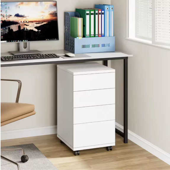 Kantoorkast met 4 Laden en Wielen – Compacte Rolkast Onder Bureau, Wit