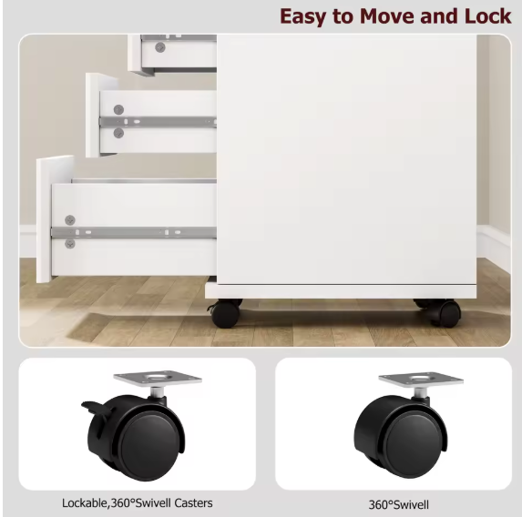 Kantoorkast met 4 Laden en Wielen – Compacte Rolkast Onder Bureau, Wit