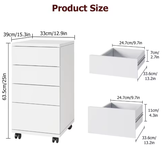 Kantoorkast met 4 Laden en Wielen – Compacte Rolkast Onder Bureau, Wit