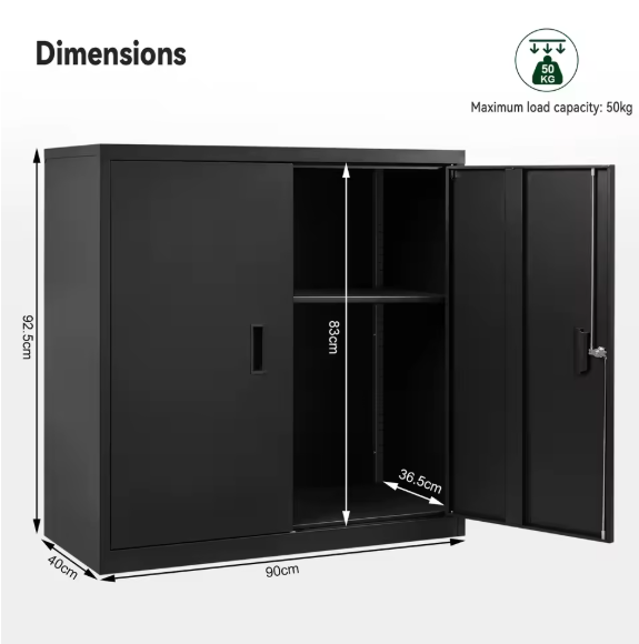 Afsluitbare Metalen Archiefkast – In Hoogte Verstelbare Plank, Kantoorkast met Dubbele Deuren, 90x92,5x40 cm