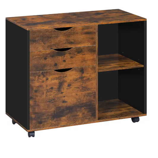 Mobiele Archiefkast met 3 Laden – Rolcontainer met Verstelbare Ophangplank, Houten Opbergkast op Wielen 80x69,5x39,5 cm