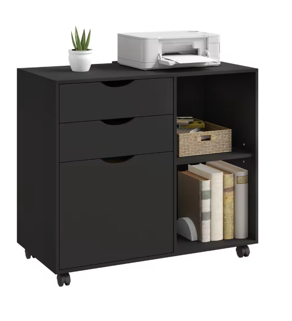 Mobiele Archiefkast met 3 Laden – Rolcontainer met Verstelbare Ophangplank, Houten Opbergkast op Wielen 80x69,5x39,5 cm