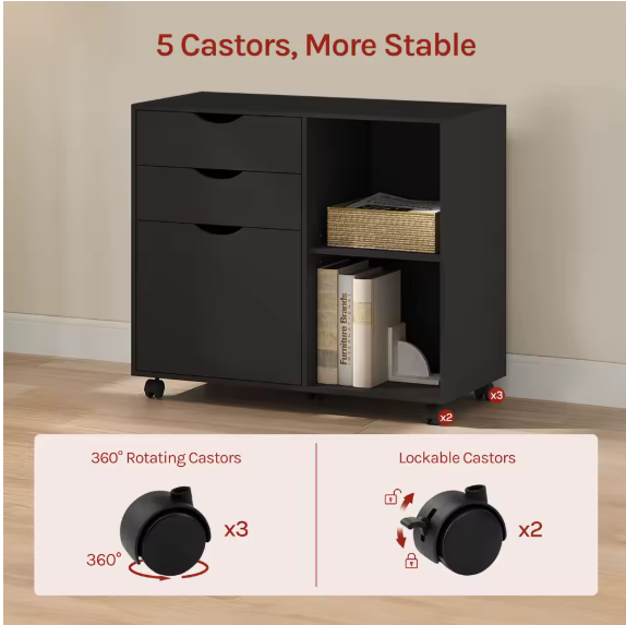 Mobiele Archiefkast met 3 Laden – Rolcontainer met Verstelbare Ophangplank, Houten Opbergkast op Wielen 80x69,5x39,5 cm