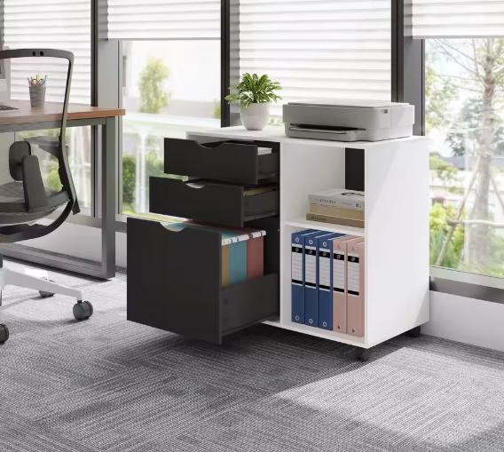 Mobiele Archiefkast met 3 Laden – Rolcontainer met Verstelbare Ophangplank, Houten Opbergkast op Wielen 80x69,5x39,5 cm