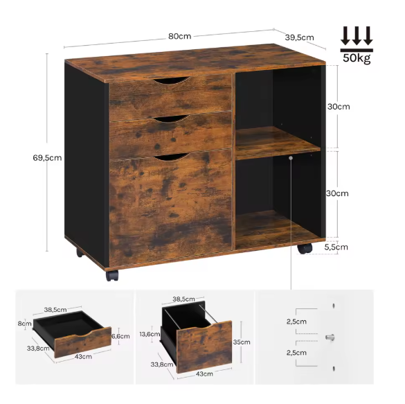 Mobiele Archiefkast met 3 Laden – Rolcontainer met Verstelbare Ophangplank, Houten Opbergkast op Wielen 80x69,5x39,5 cm