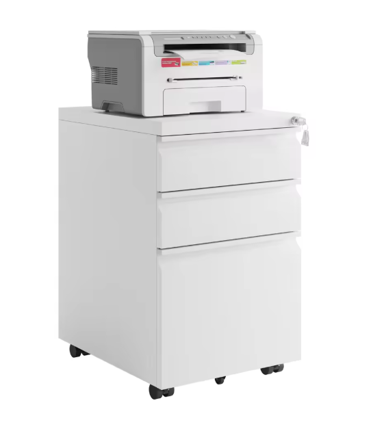 Afsluitbare Metalen Archiefkast met 3 Laden – Verrijdbare Kantoorkast met Wielen, Wit, 39x62x46 cm