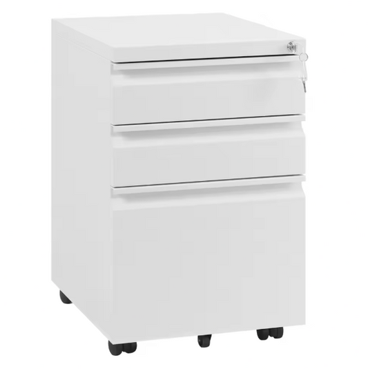 Afsluitbare Metalen Archiefkast met 3 Laden – Verrijdbare Kantoorkast met Wielen, Wit, 39x62x46 cm