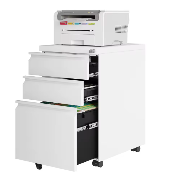 Afsluitbare Metalen Archiefkast met 3 Laden – Verrijdbare Kantoorkast met Wielen, Wit, 39x62x46 cm