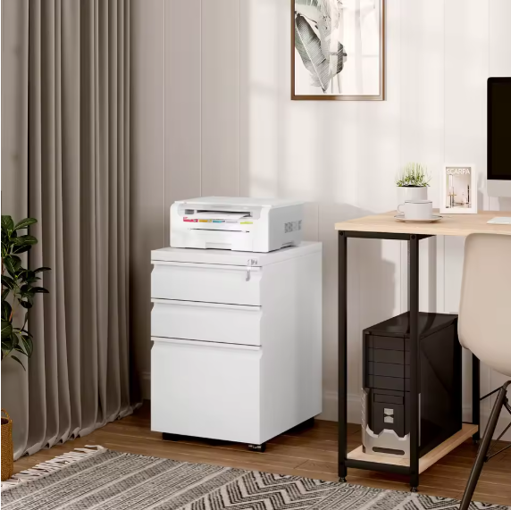 Afsluitbare Metalen Archiefkast met 3 Laden – Verrijdbare Kantoorkast met Wielen, Wit, 39x62x46 cm