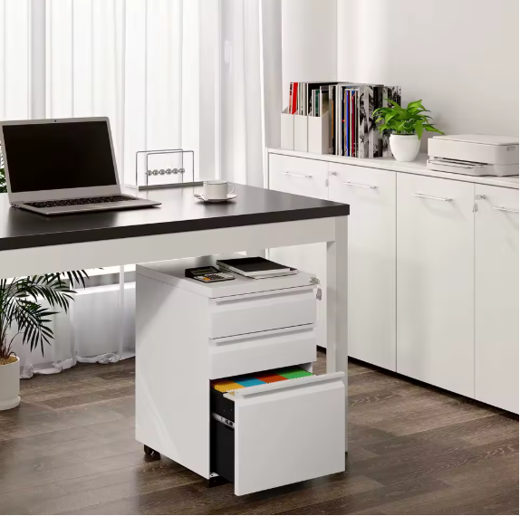 Afsluitbare Metalen Archiefkast met 3 Laden – Verrijdbare Kantoorkast met Wielen, Wit, 39x62x46 cm