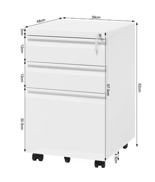 Afsluitbare Metalen Archiefkast met 3 Laden – Verrijdbare Kantoorkast met Wielen, Wit, 39x62x46 cm