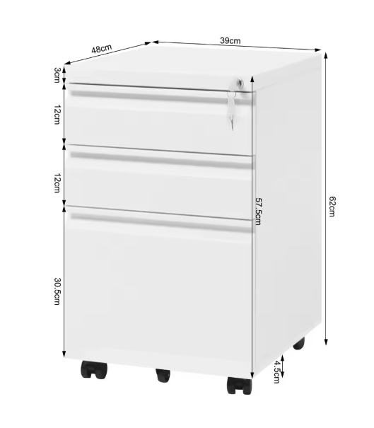 Afsluitbare Metalen Archiefkast met 3 Laden – Verrijdbare Kantoorkast met Wielen, Wit, 39x62x46 cm