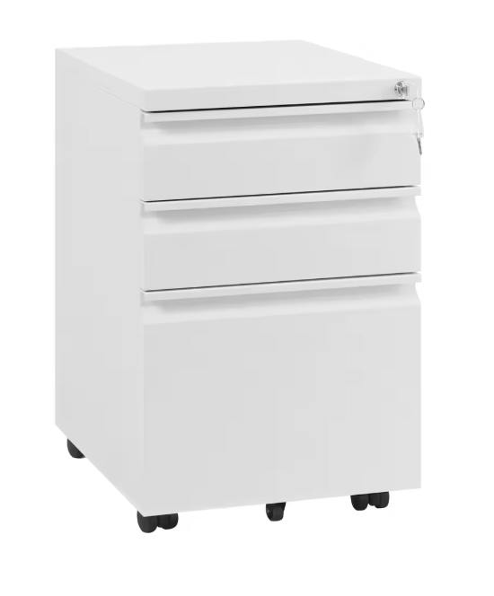 Afsluitbare Metalen Archiefkast met 3 Laden – Verrijdbare Kantoorkast met Wielen, Wit, 39x62x46 cm