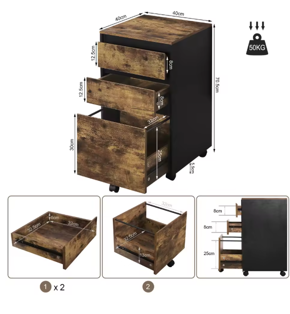 Mobiele Archiefkast op Wielen – 3 Laden, Industriële Look, 40x70x40 cm – Kantoor Organizer van Hout en amp; Metaal