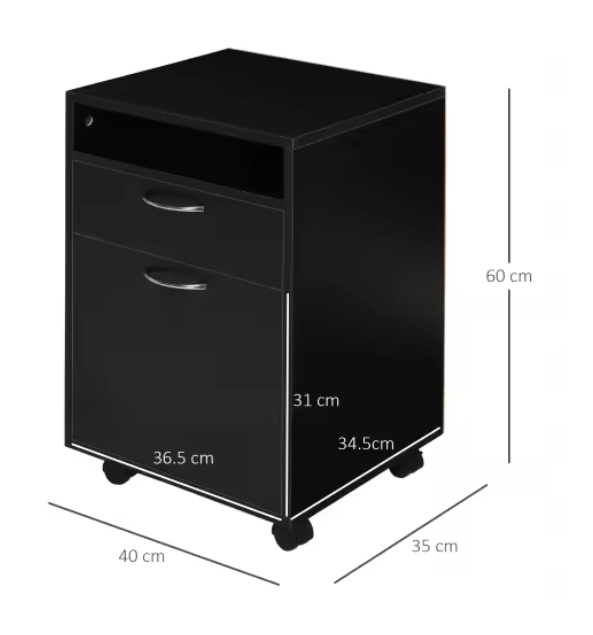 Archiefkast met Rolcontainer – Zwart – 40x35x60 cm – Functionele Opbergkast met Lade en Wielen voor Kantoor of Thuis