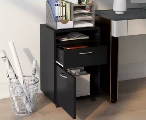 Archiefkast met Rolcontainer – Zwart – 40x35x60 cm – Functionele Opbergkast met Lade en Wielen voor Kantoor of Thuis