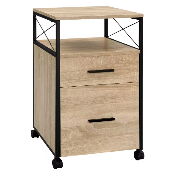 Mobiele Archiefkast met 2 Laden – Houten Rolcontainer met Wielen en Printerplank